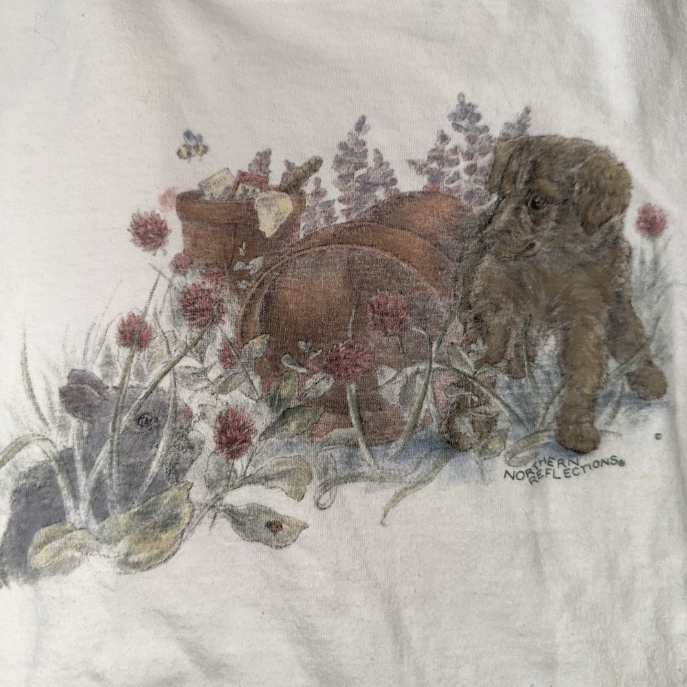 Vintage 90's T-Shirt Puppy Floral Bunny Clover‎ Nature Whimsigarden Oatmeal